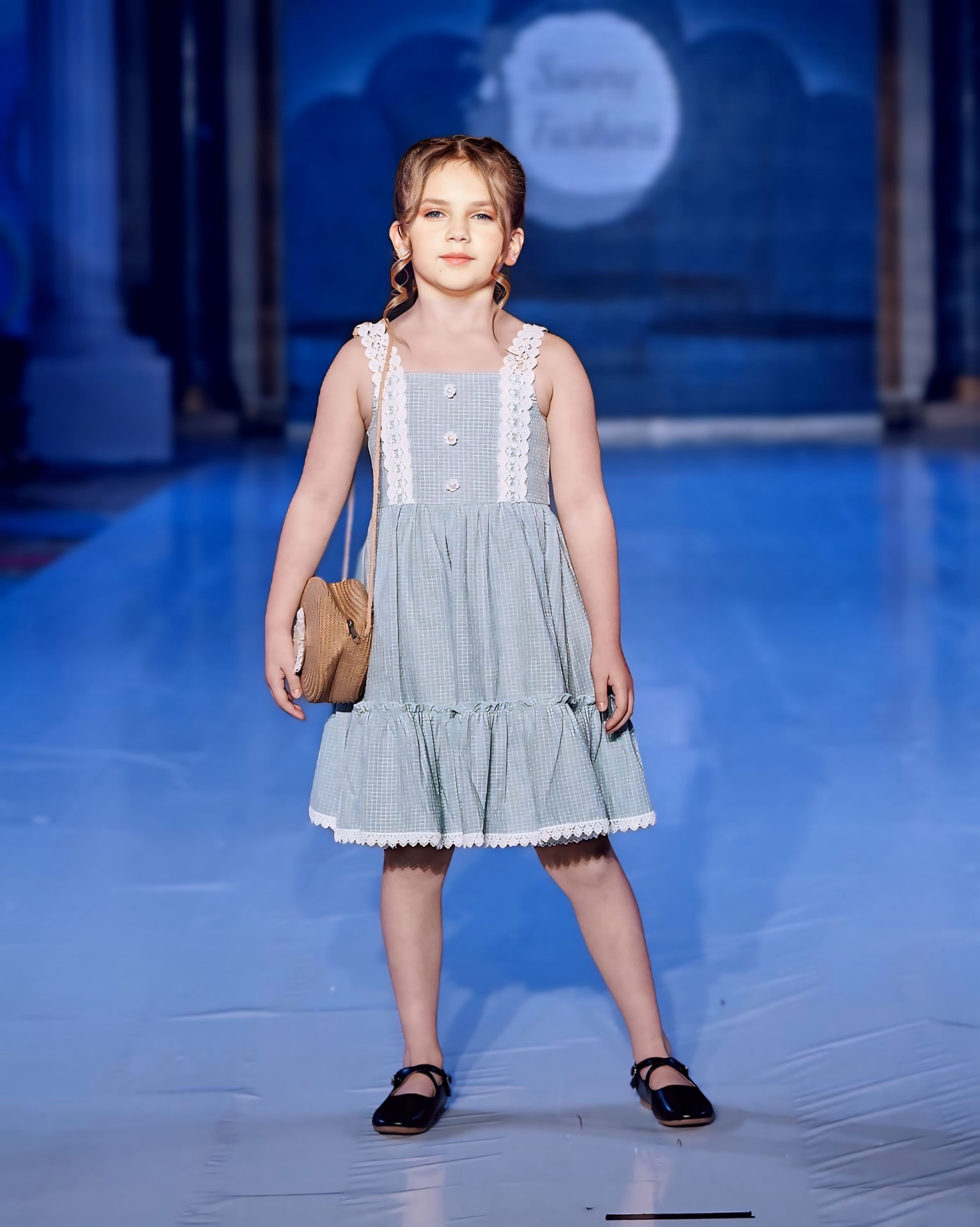 Olivia on the runway in a mint gingham dress with a straw bag